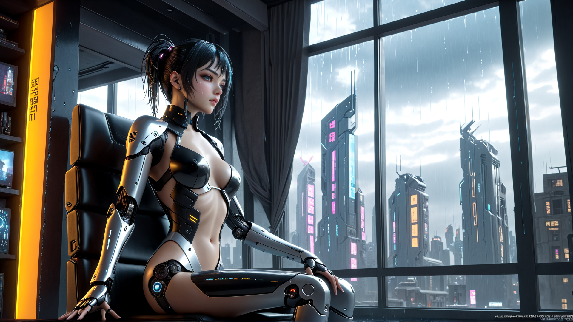 AI generated wallpaper featuring cyborg, woman, chair