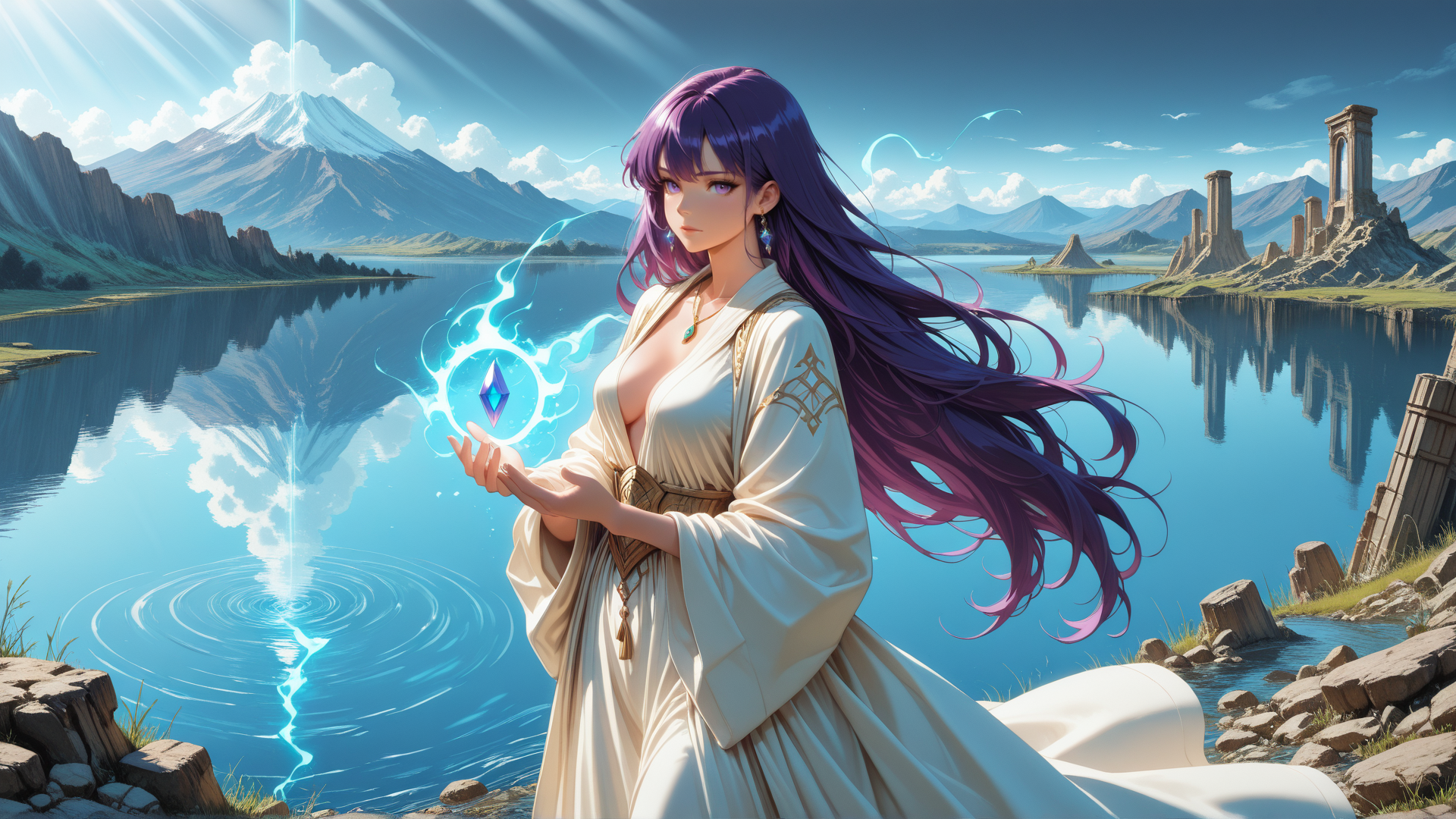 AI generated wallpaper featuring woman, crystal, lake, mountain, ruins, sun, water, hair, dress, gem