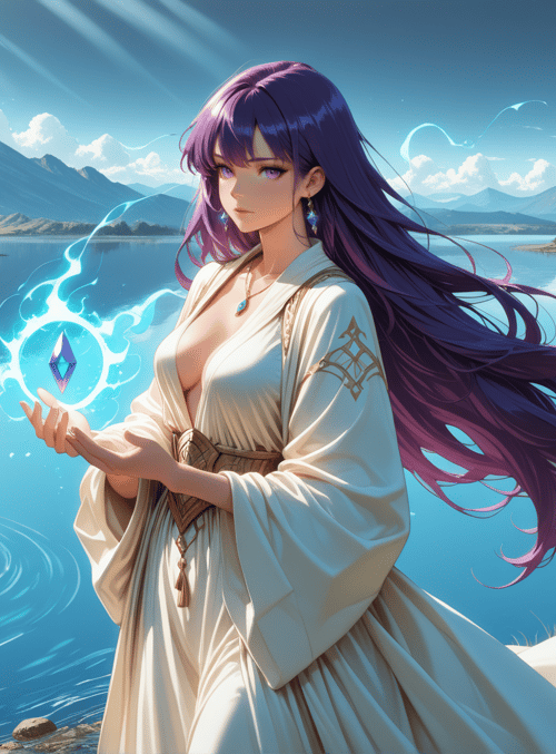 woman, crystal, lake, mountain, ruins, sun, water, hair, dress, gem