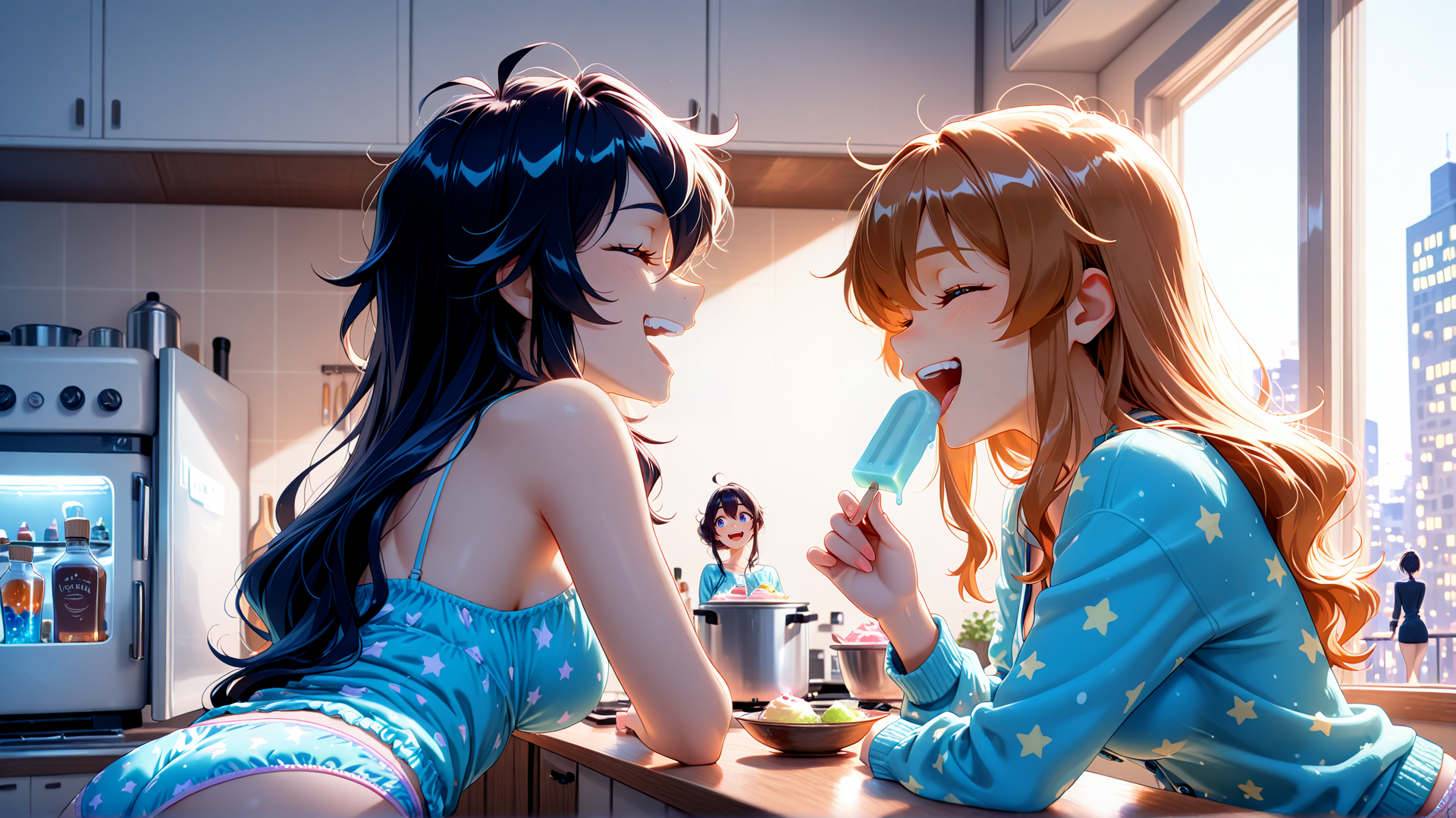 AI generated wallpaper featuring girls, ice cream, kitchen