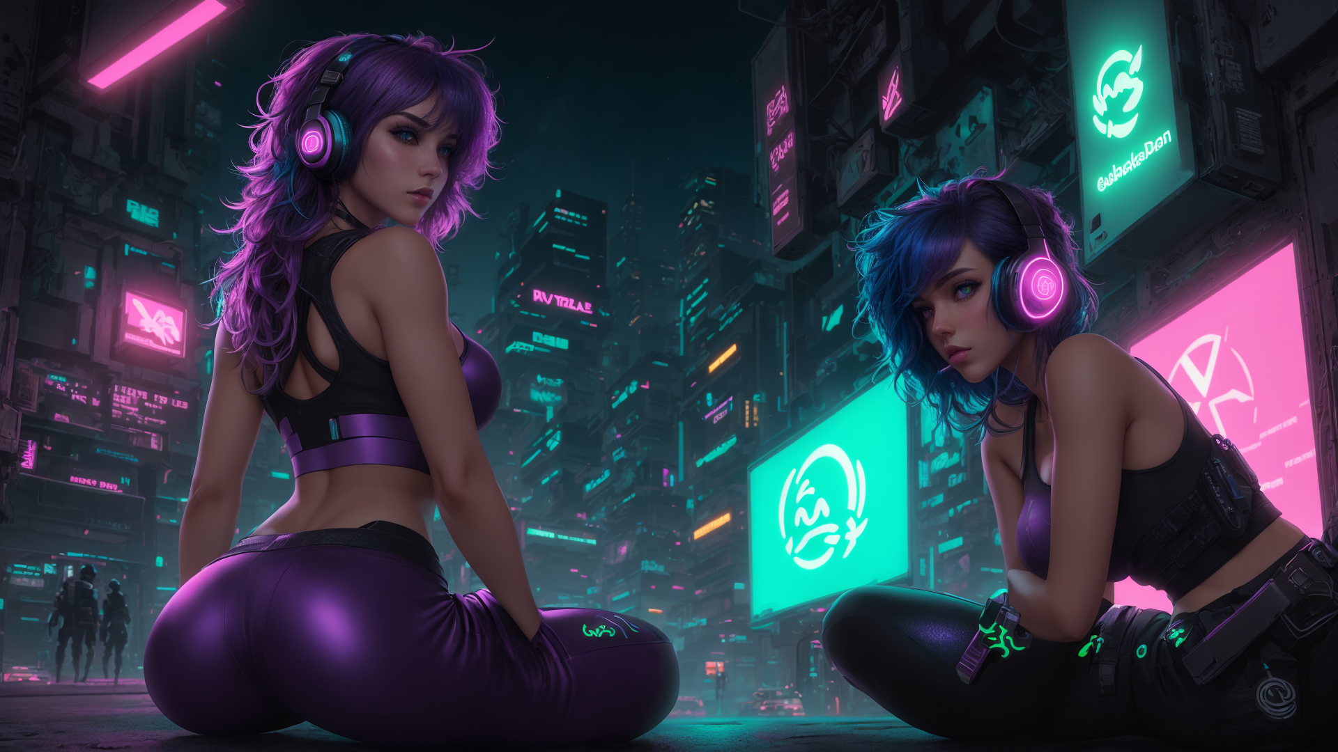 AI generated wallpaper featuring women, cyberpunk, headphones