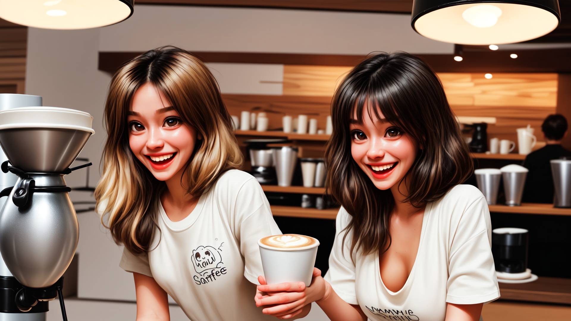 AI generated wallpaper featuring women, coffee, barista, cafe, cup, mug, coffeemachine, logo, shirt, smile