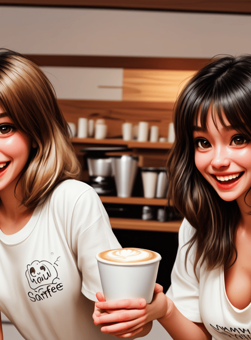 women, coffee, barista, cafe, cup, mug, coffeemachine, logo, shirt, smile