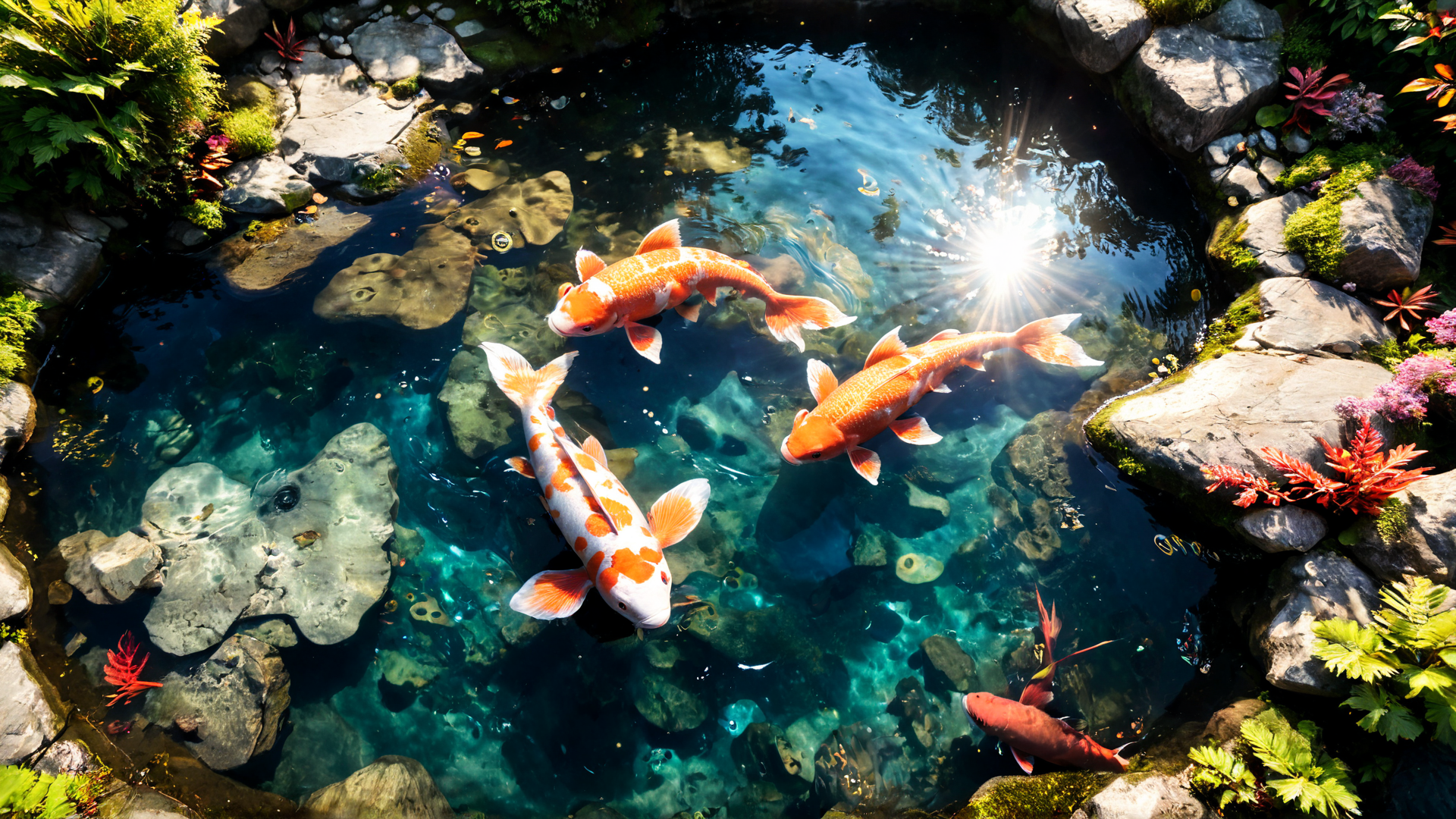 AI generated wallpaper featuring koi fish, pond, rocks