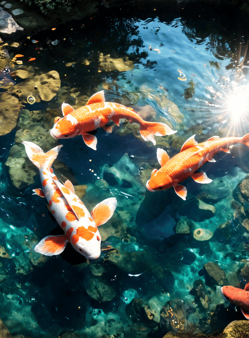 koi fish, pond, rocks