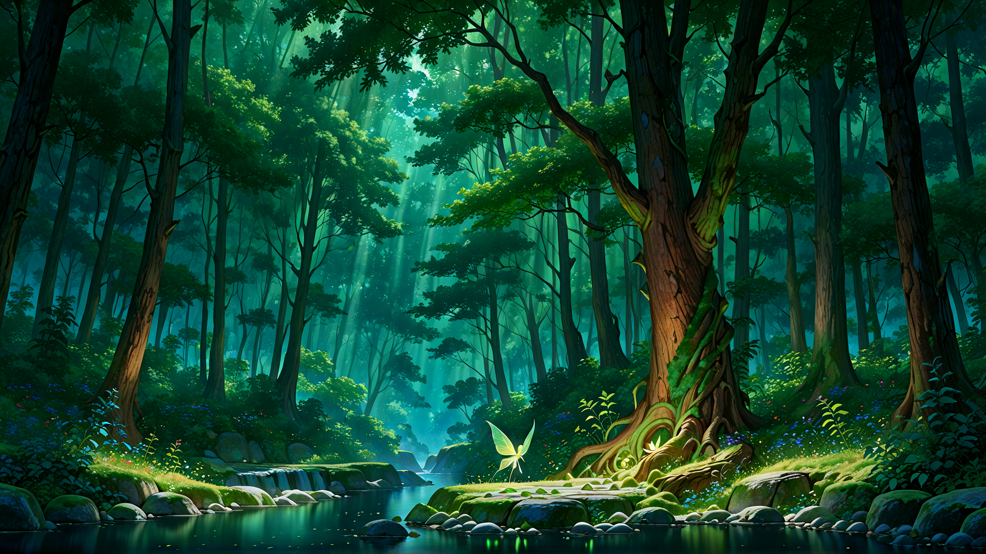AI generated wallpaper featuring forest, tree, river, fairy, sunlight, bushes, rocks, flowers, waterfall, moss