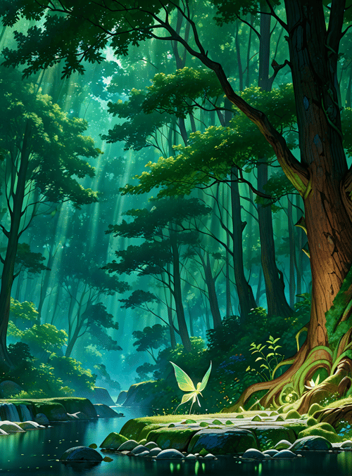 forest, tree, river, fairy, sunlight, bushes, rocks, flowers, waterfall, moss