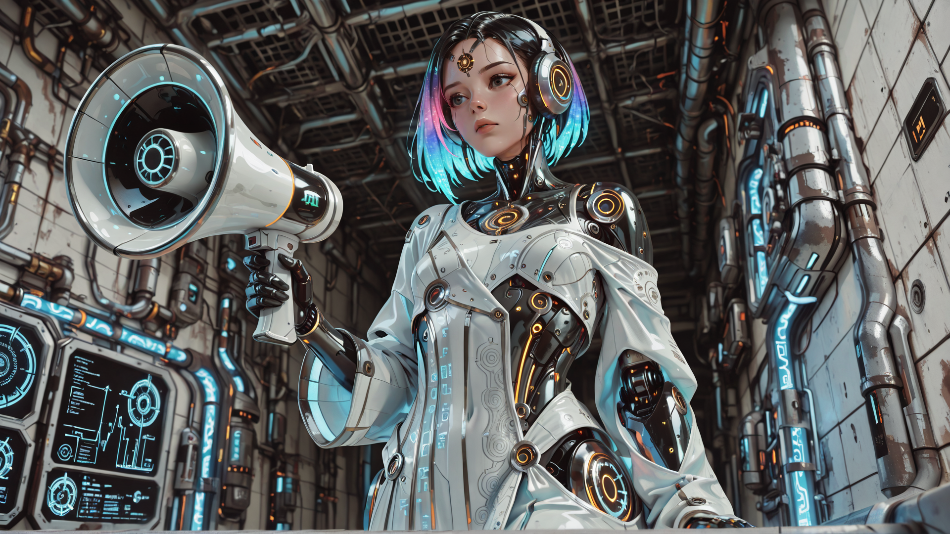 AI generated wallpaper featuring cyborg, robot, megaphone, gadget, helmet, mechanical, sleeve, circuit