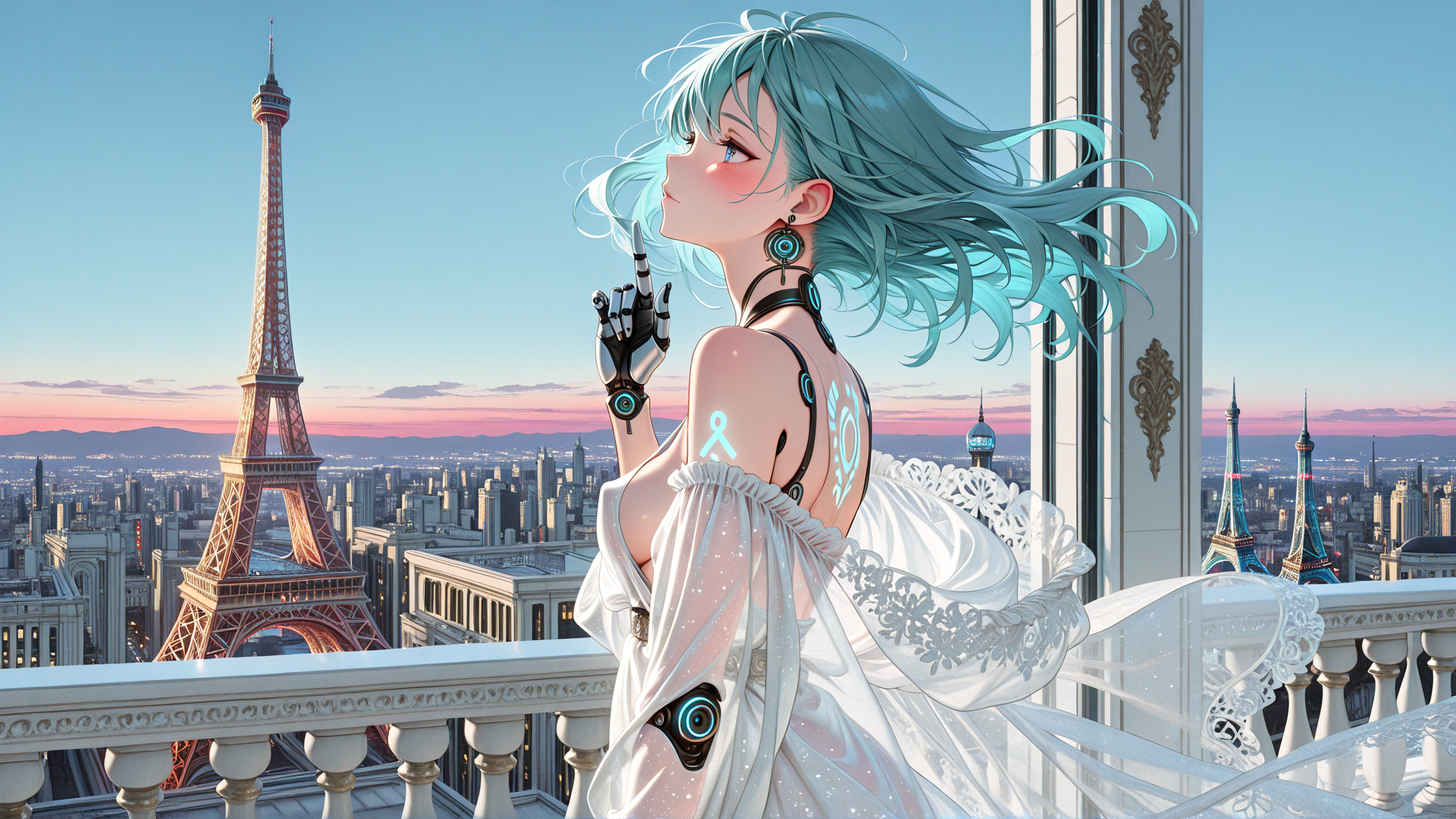 AI generated wallpaper featuring anime girl, eiffel tower, cityscape, balcony, robotic arm, futuristic dress, sunset, paris, neon, lady