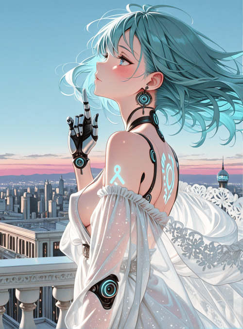 anime girl, eiffel tower, cityscape, balcony, robotic arm, futuristic dress, sunset, paris, neon, lady