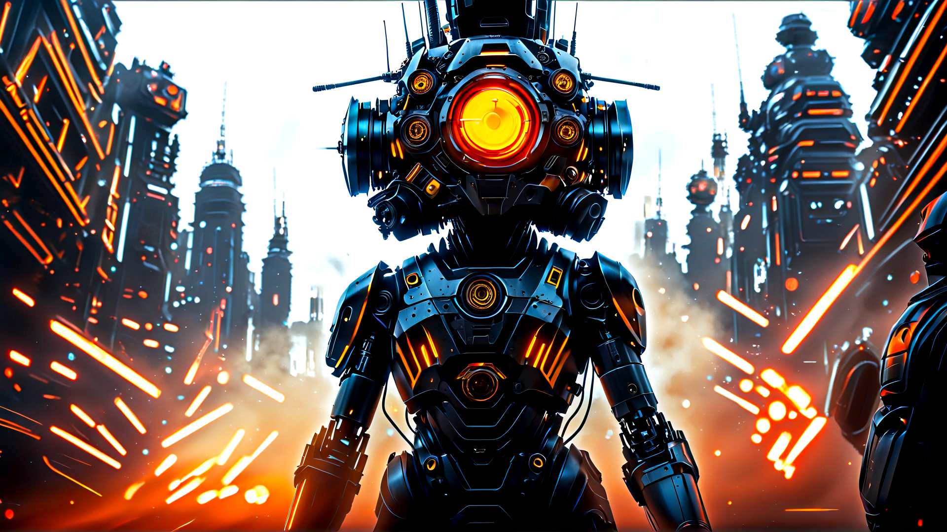 AI generated wallpaper featuring robot, cityscape, futuristic, mechanical, armor, tower, weapon, gears, laser, suspension