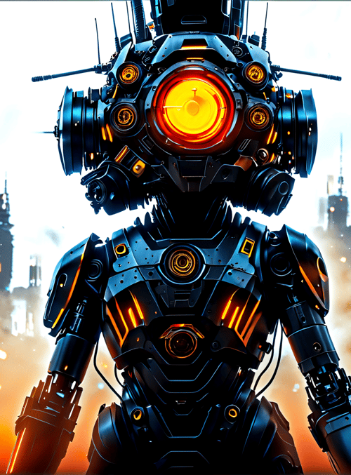 robot, cityscape, futuristic, mechanical, armor, tower, weapon, gears, laser, suspension