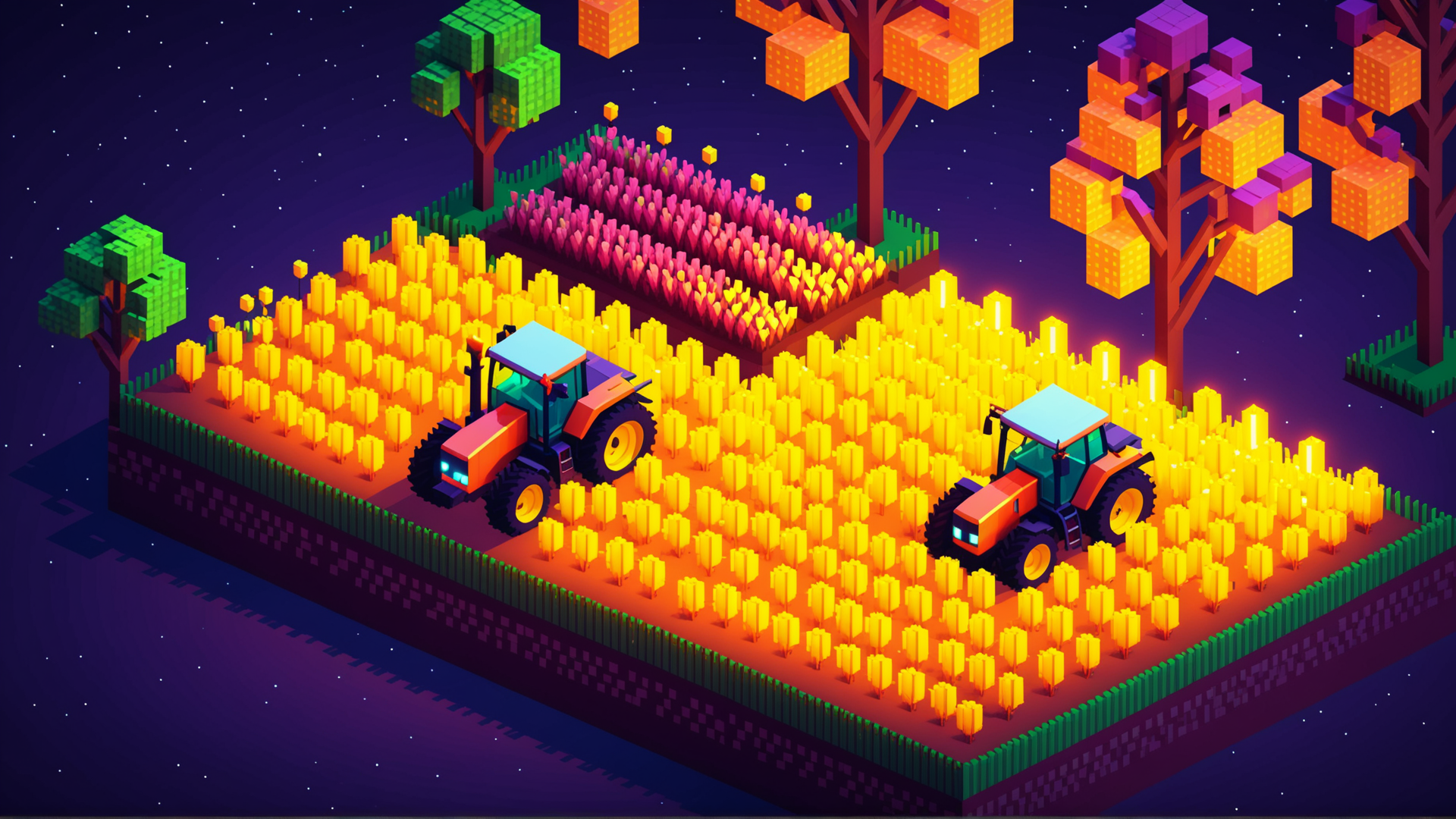 AI generated wallpaper featuring tractor, field, trees, crops, fence, farm