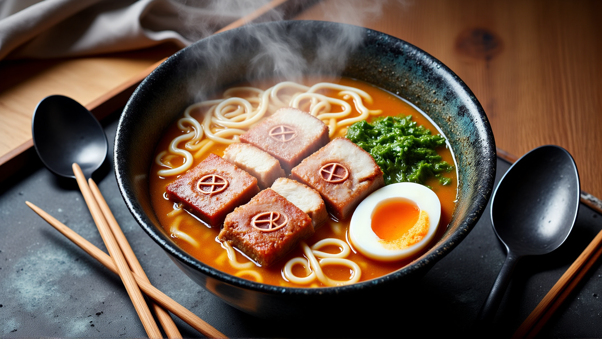 AI generated wallpaper featuring ramen, noodles, egg