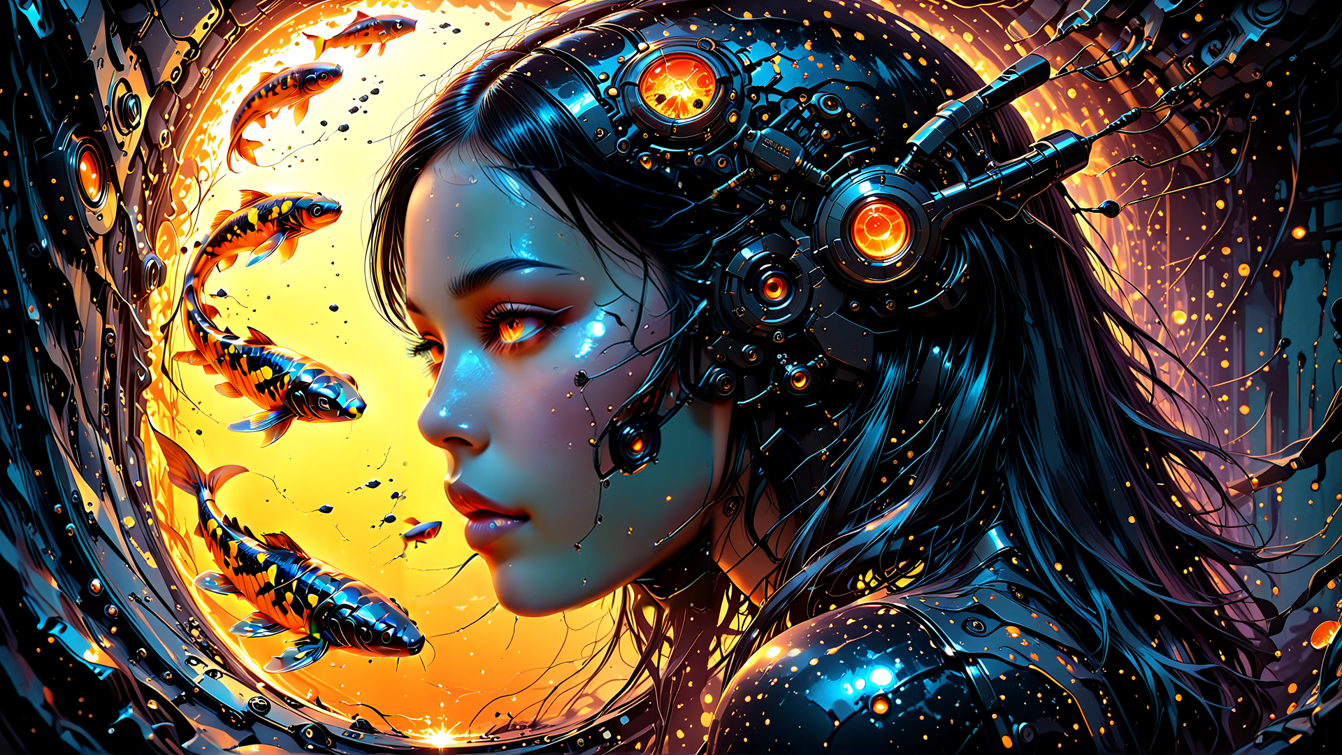 AI generated wallpaper featuring cyborg, fish, mechanism, headset, neon, gears, wires, glow, scales, circles