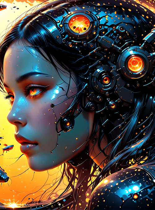 cyborg, fish, mechanism, headset, neon, gears, wires, glow, scales, circles