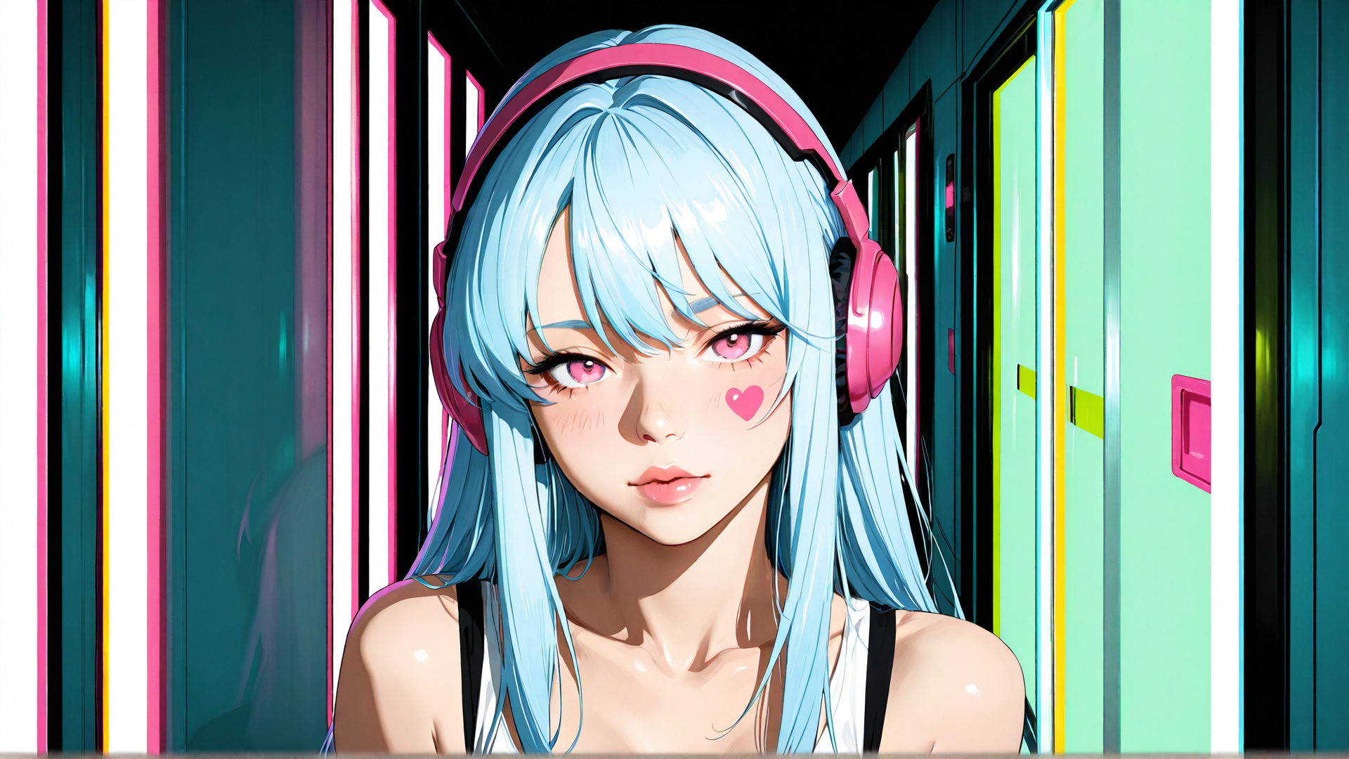 AI generated wallpaper featuring girl, anime, headphones, hair, shoulders, window, doors, glasses