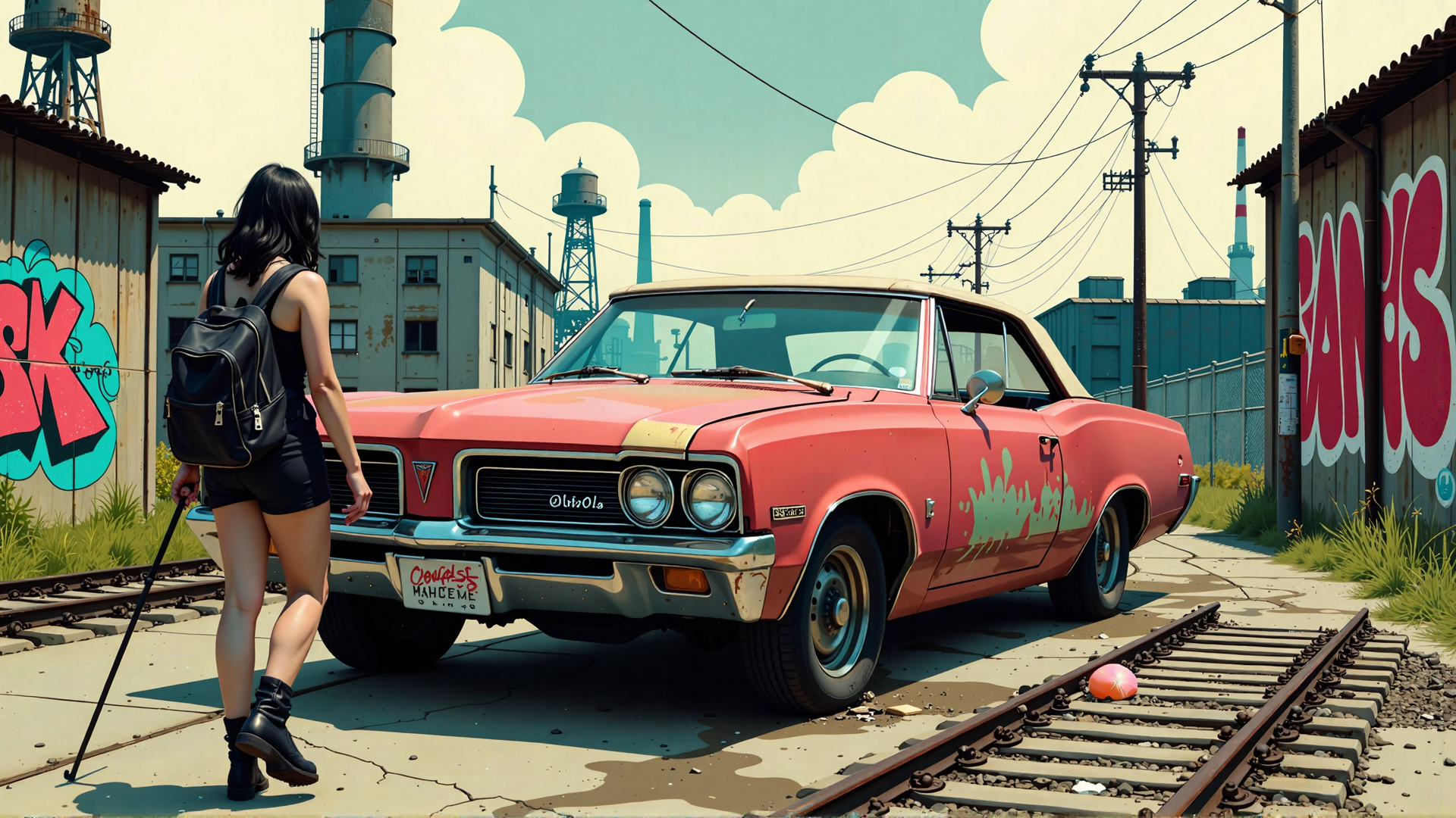 AI generated wallpaper featuring woman, car, railroad, graffiti, industrial