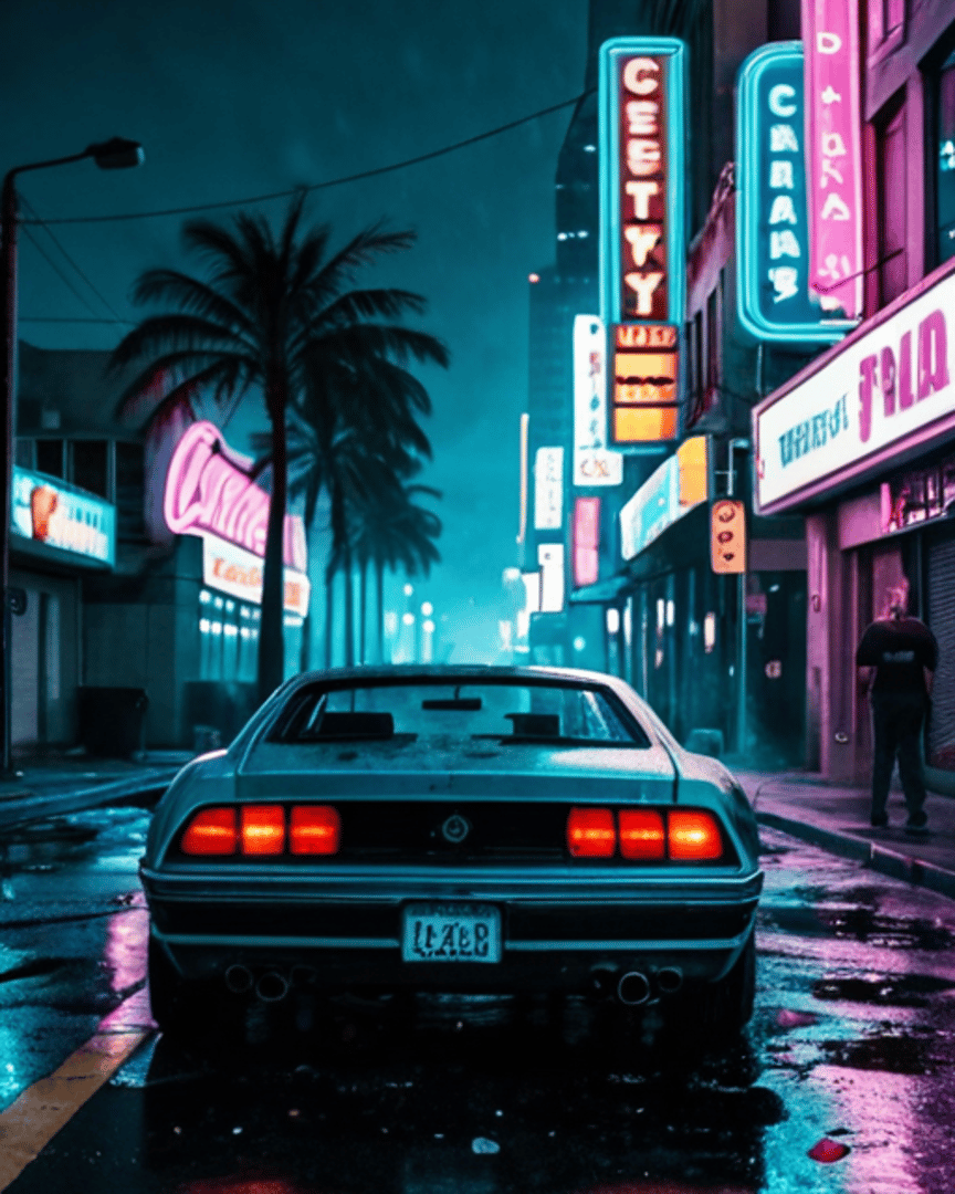 AI generated wallpaper featuring car, neon signs, street