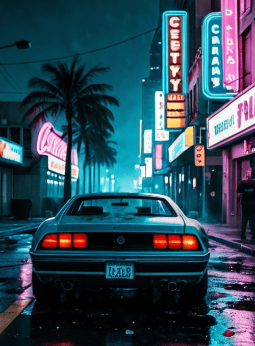 car, neon signs, street