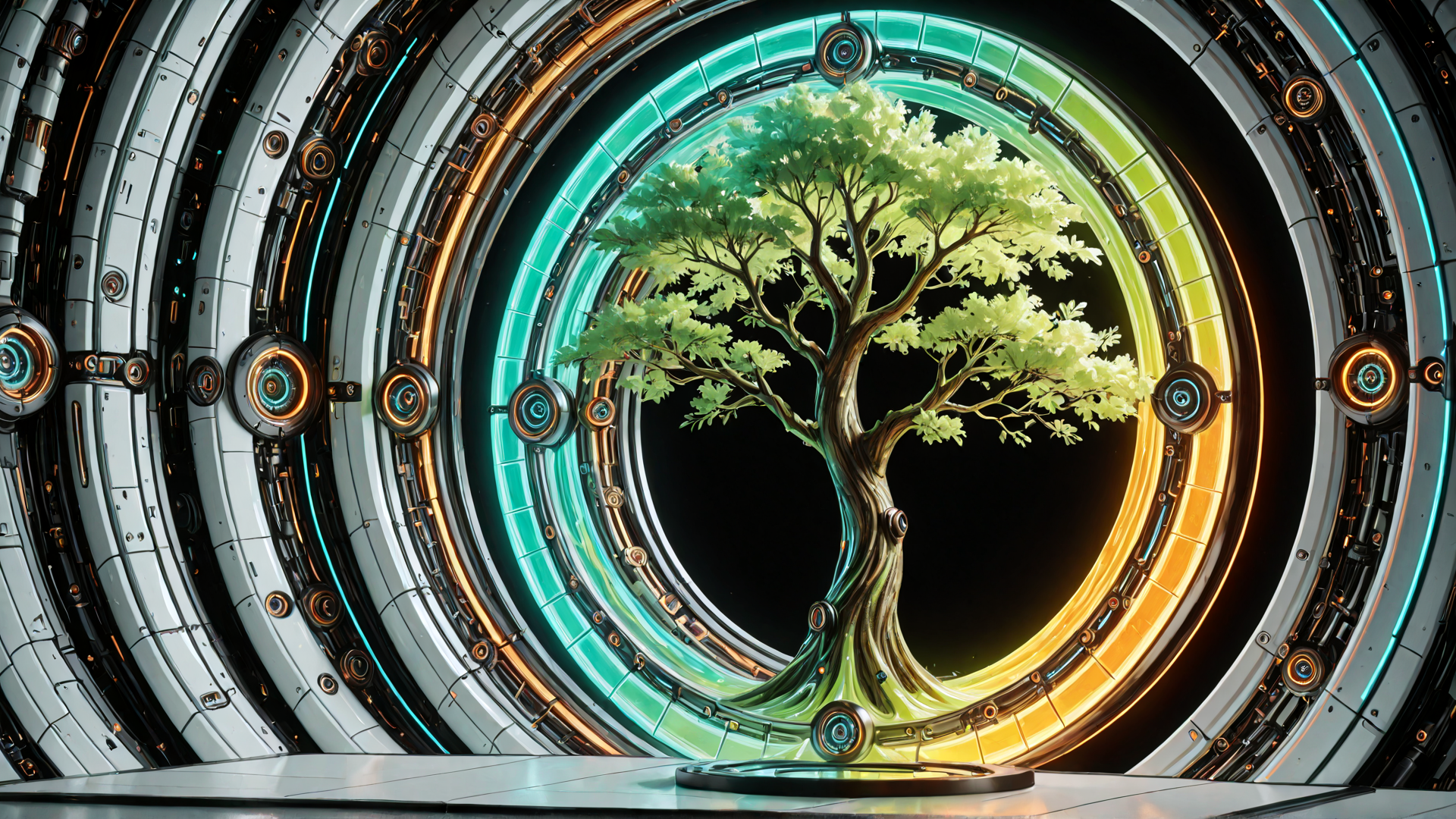 AI generated wallpaper featuring tree, circle, machine, ring, portal, technology, nature, cyberpunk, garden, light