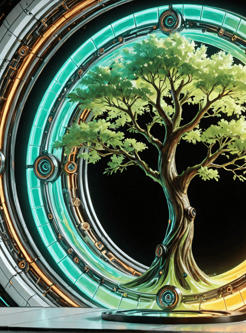 tree, circle, machine, ring, portal, technology, nature, cyberpunk, garden, light