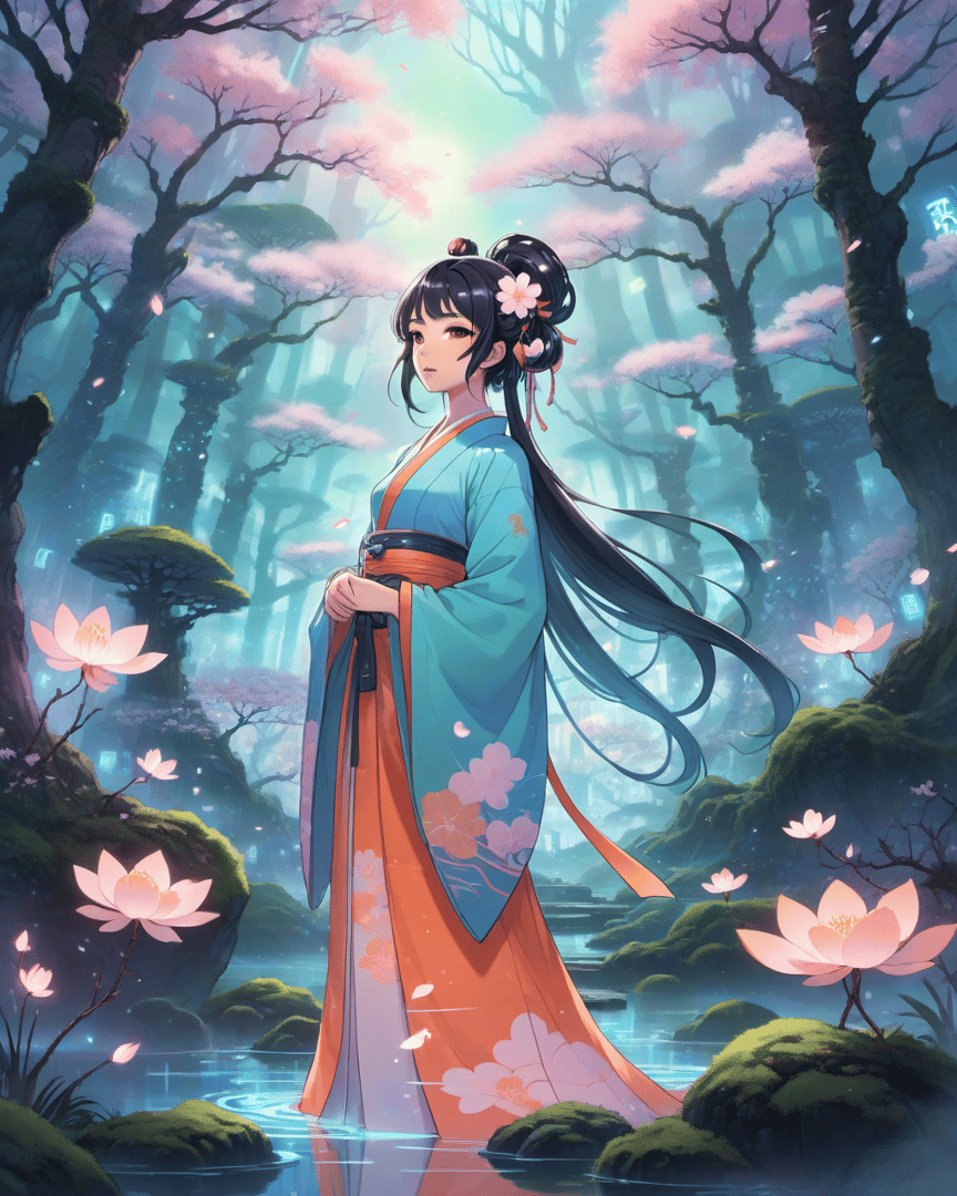 AI generated wallpaper featuring woman, cherry blossom, lotus