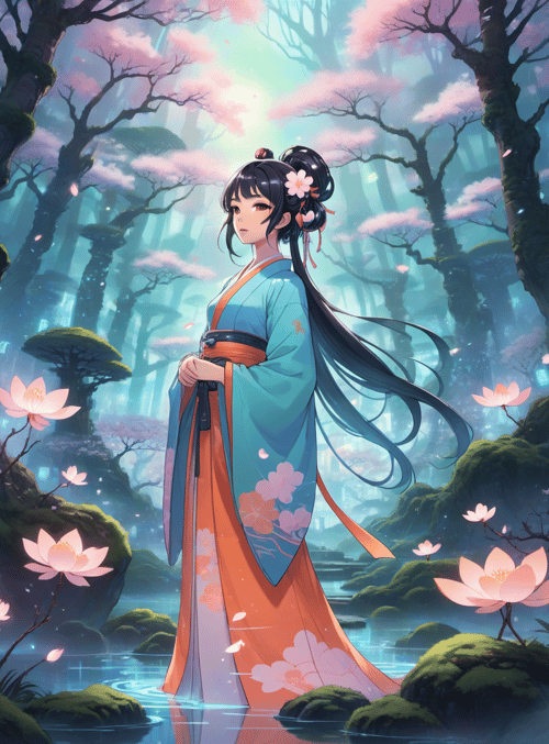 woman, cherry blossom, lotus