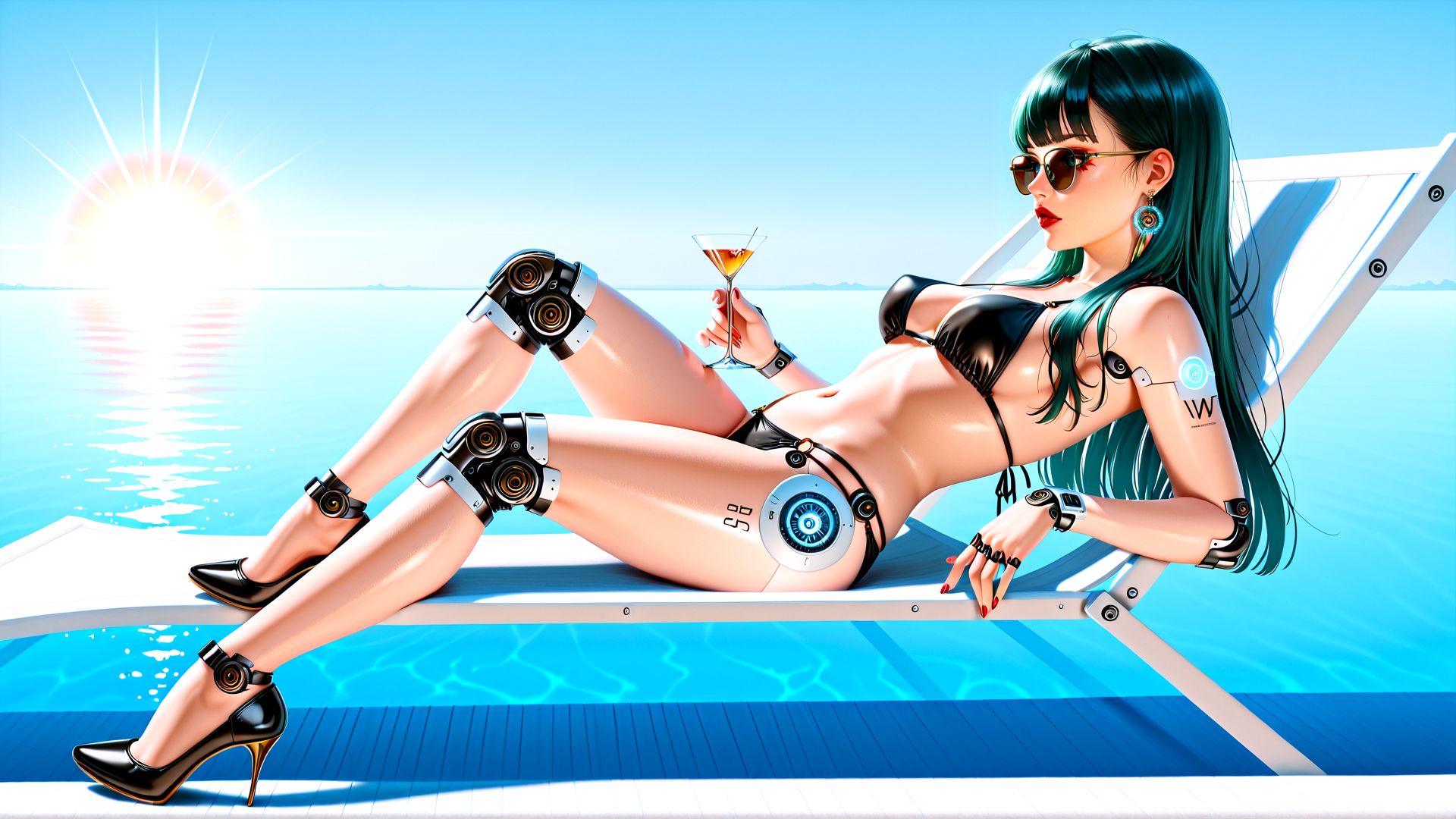 AI generated wallpaper featuring woman, cyborg, lounge, pool, sunglasses, high heels, cocktail, swimming pool, chaise lounge, bikini