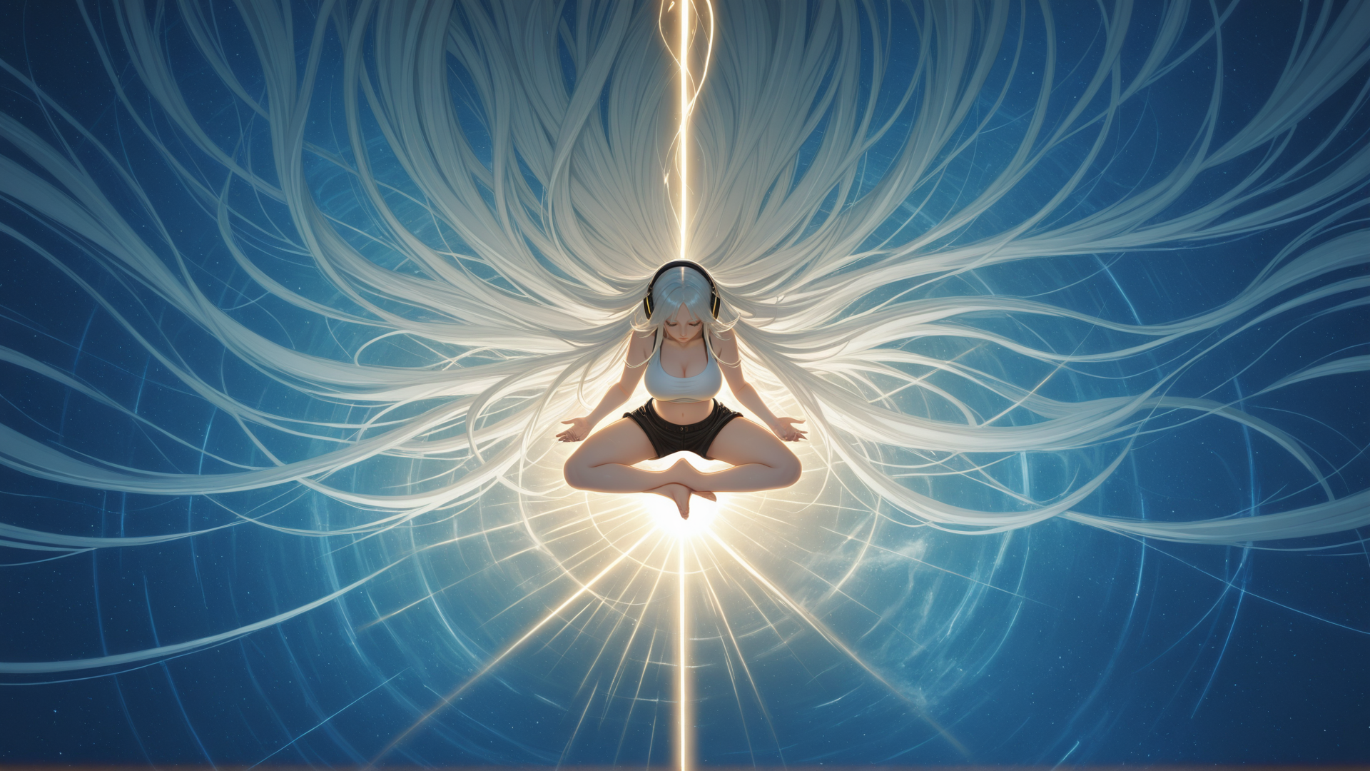 AI generated wallpaper featuring anime girl, long hair, headphones, lotus pose, light rays