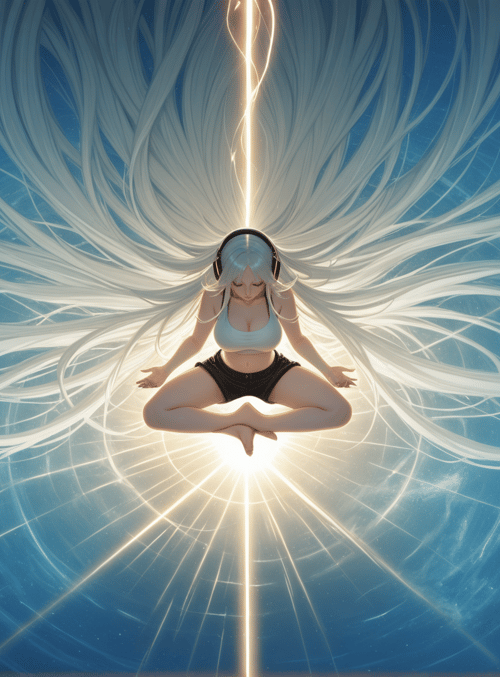 anime girl, long hair, headphones, lotus pose, light rays