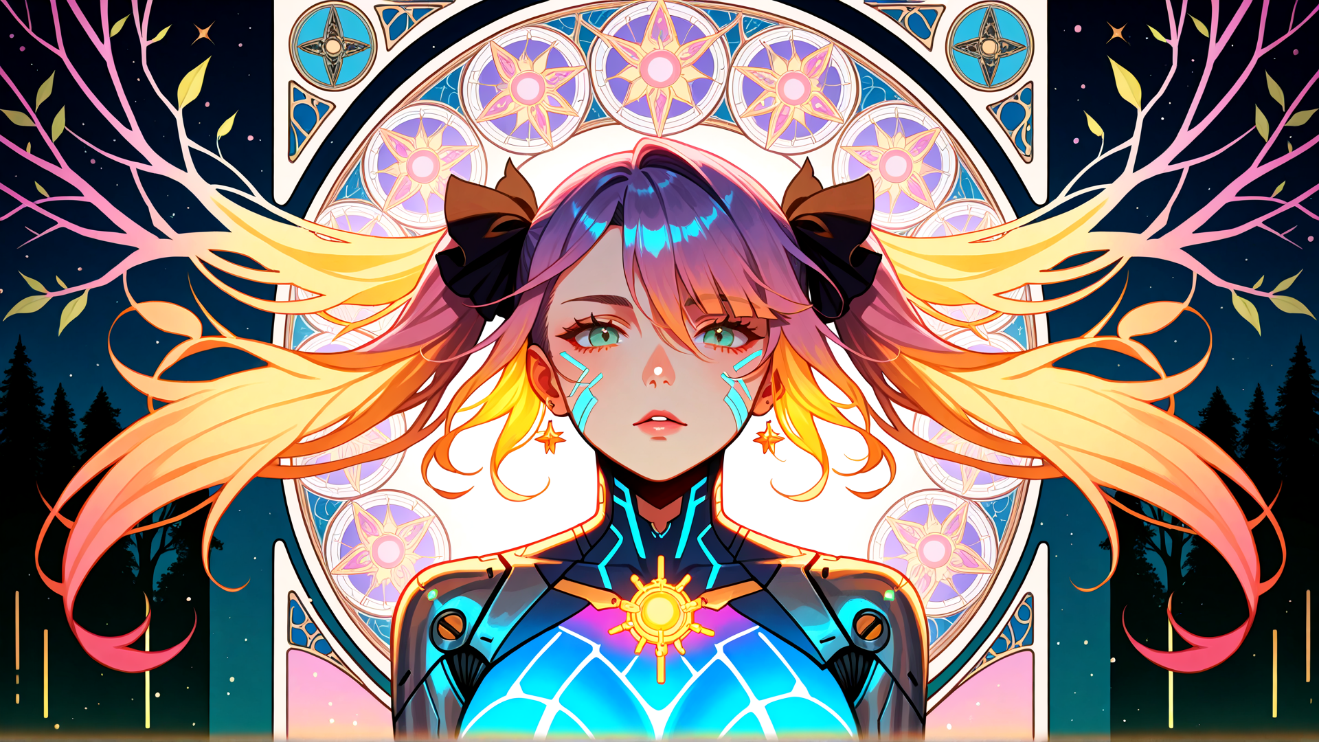 AI generated wallpaper featuring girl, robot, tree, sun, bow