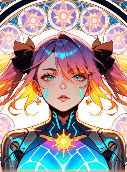 girl, robot, tree, sun, bow