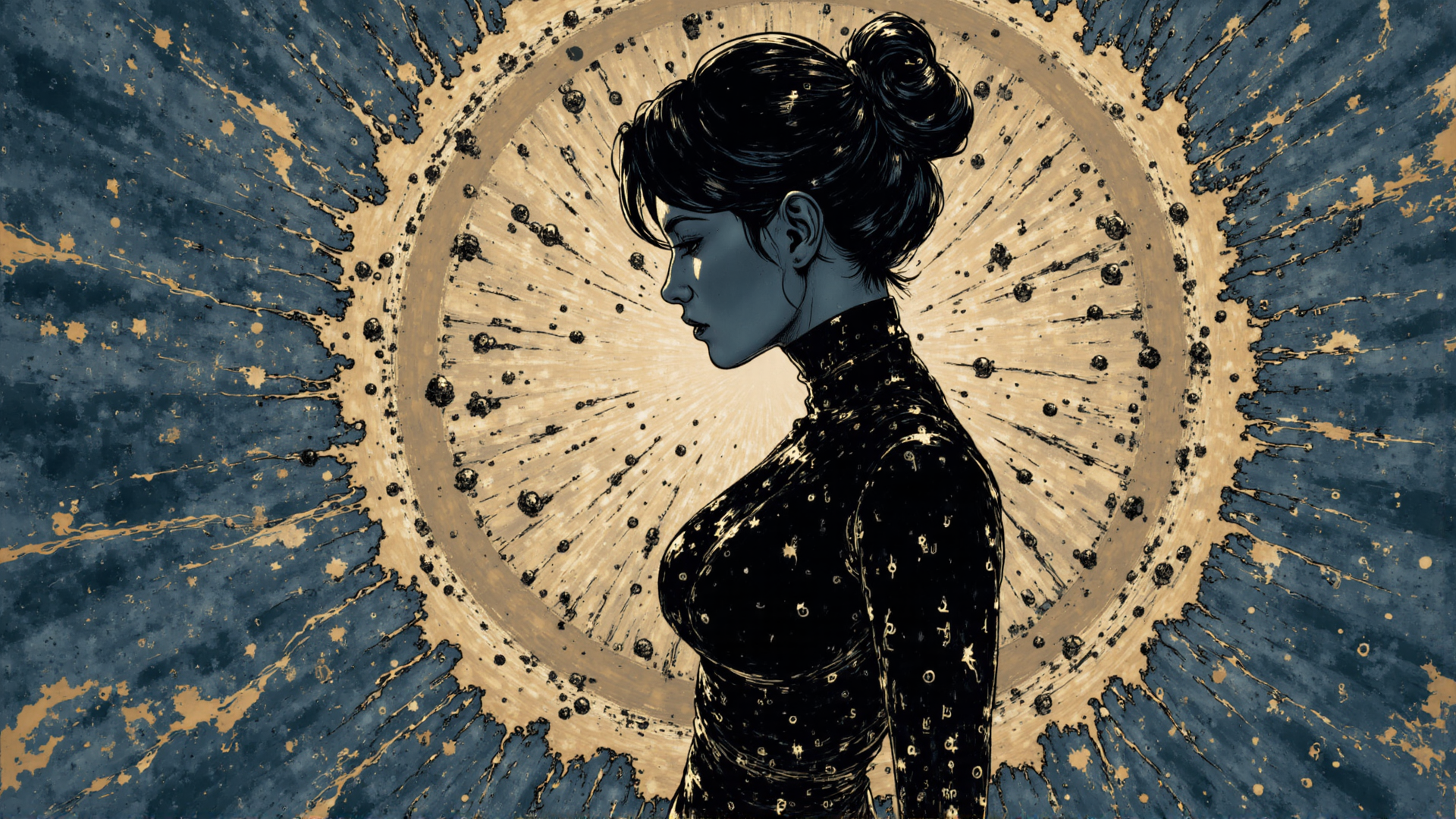 AI generated wallpaper featuring woman, solar, astronaut, celestial, silhouette
