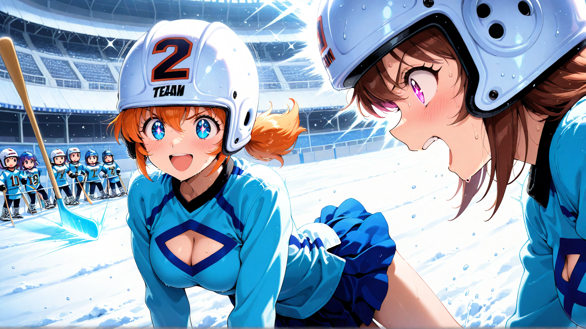 AI generated wallpaper featuring hockey player, cheerleader, sports arena, helmet, uniform, puck, team, sweat, stadium, skates