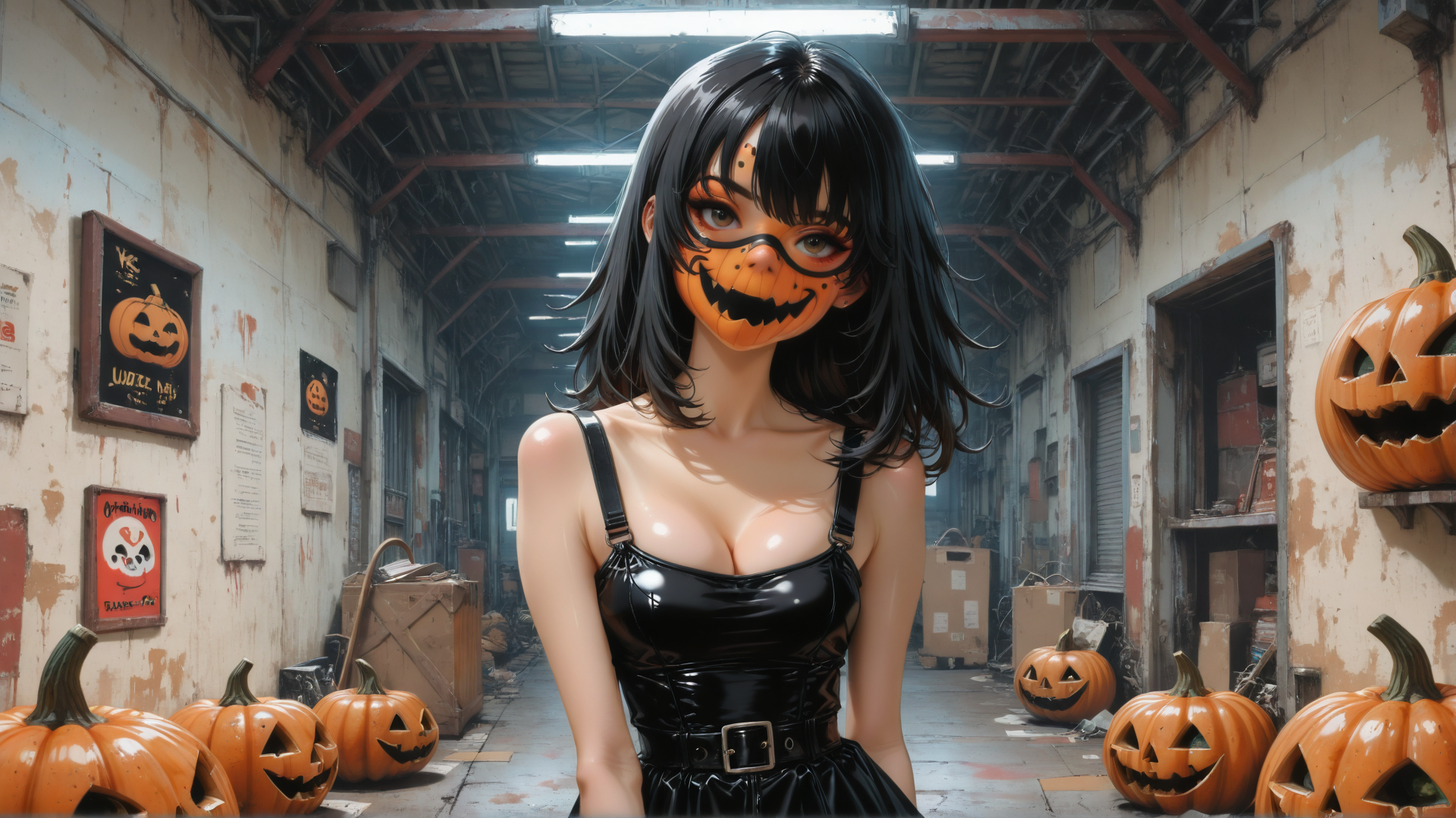 AI generated wallpaper featuring woman, pumpkin, factory, costume, glasses, paint, poster, boxes, suspended, light