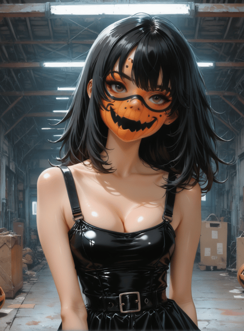 woman, pumpkin, factory, costume, glasses, paint, poster, boxes, suspended, light