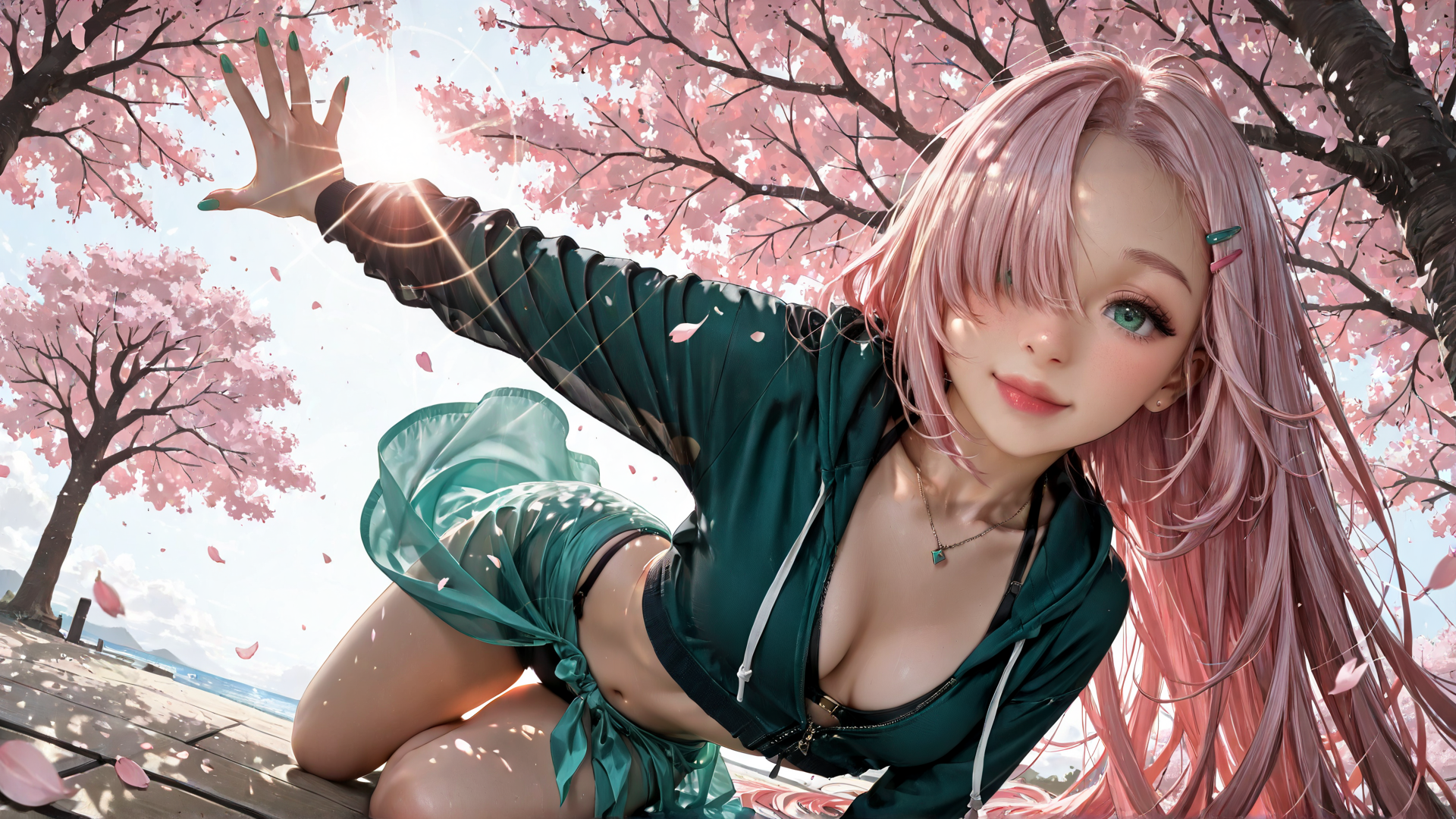 AI generated wallpaper featuring woman, cherry blossom, tree, sunset, sunset