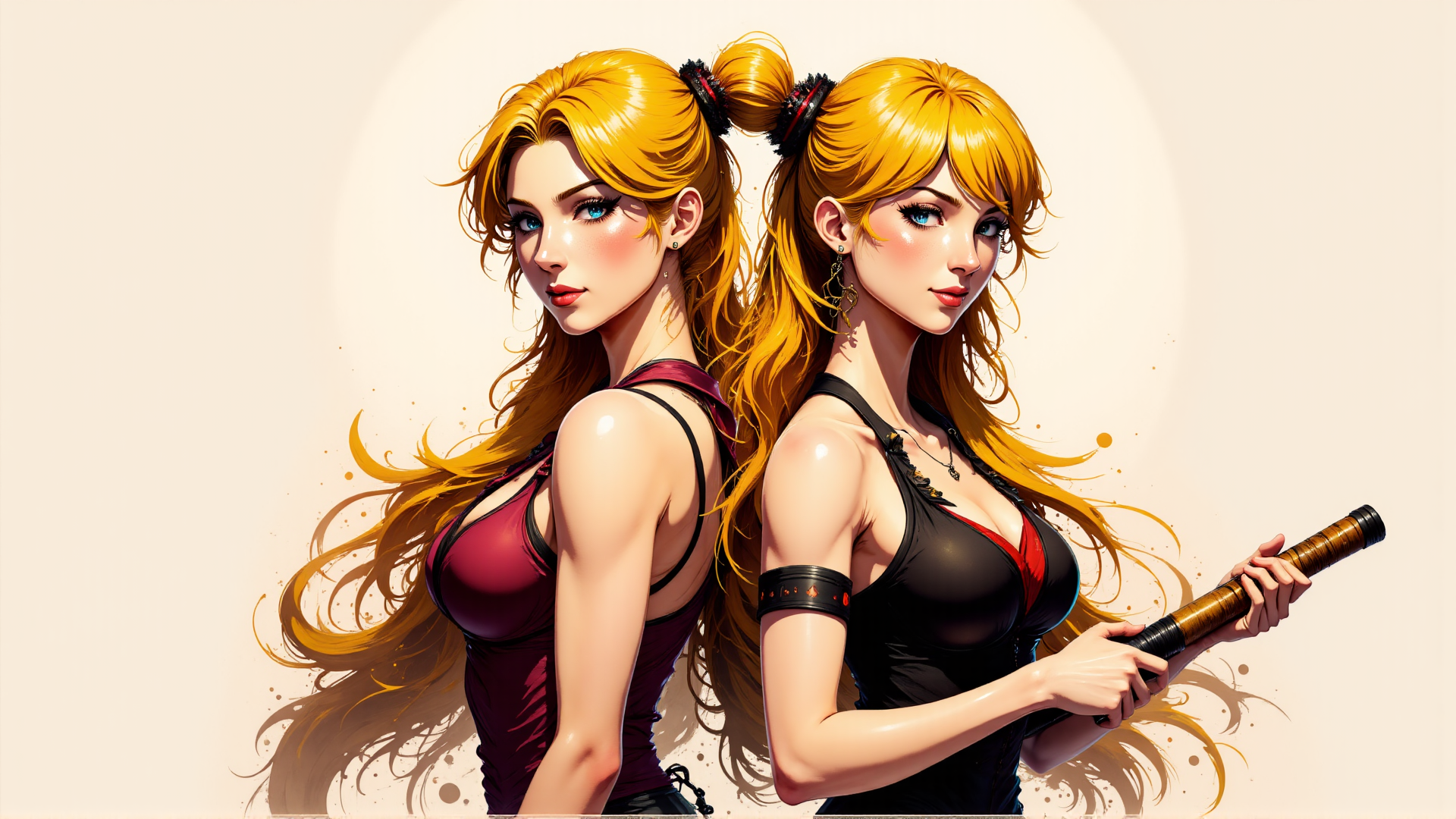 AI generated wallpaper featuring woman, girl, bunny, twin, sleeveless, top, sword, hair