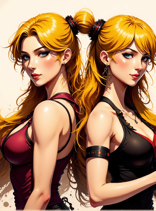 woman, girl, bunny, twin, sleeveless, top, sword, hair