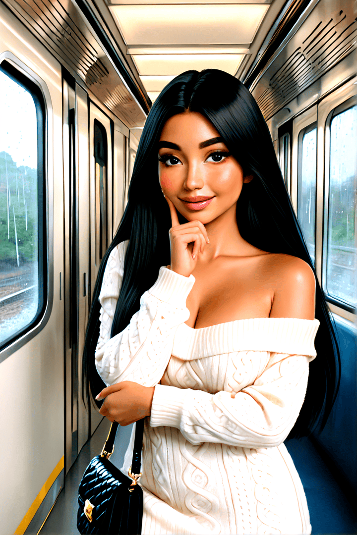 AI generated wallpaper featuring woman, train, sweater, handbag, window