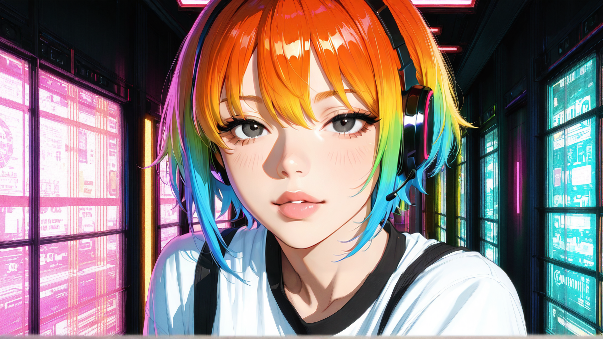 AI generated wallpaper featuring girl, headphones, neon, window, cityscape, anime