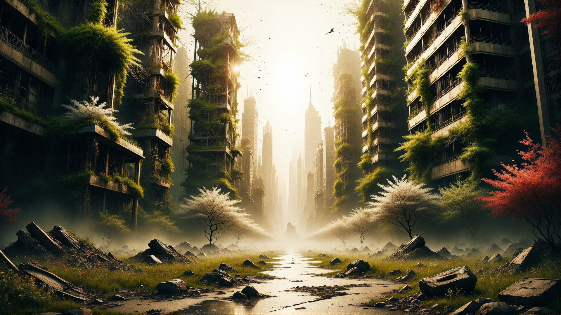 AI generated wallpaper featuring city, nature, buildings, trees, rocks