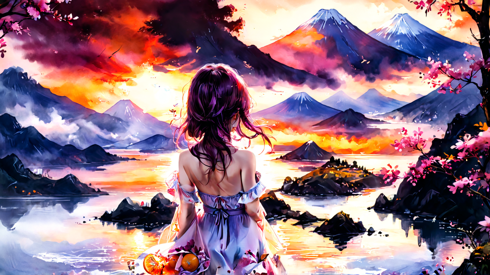 AI generated wallpaper featuring girl, mountains, lake