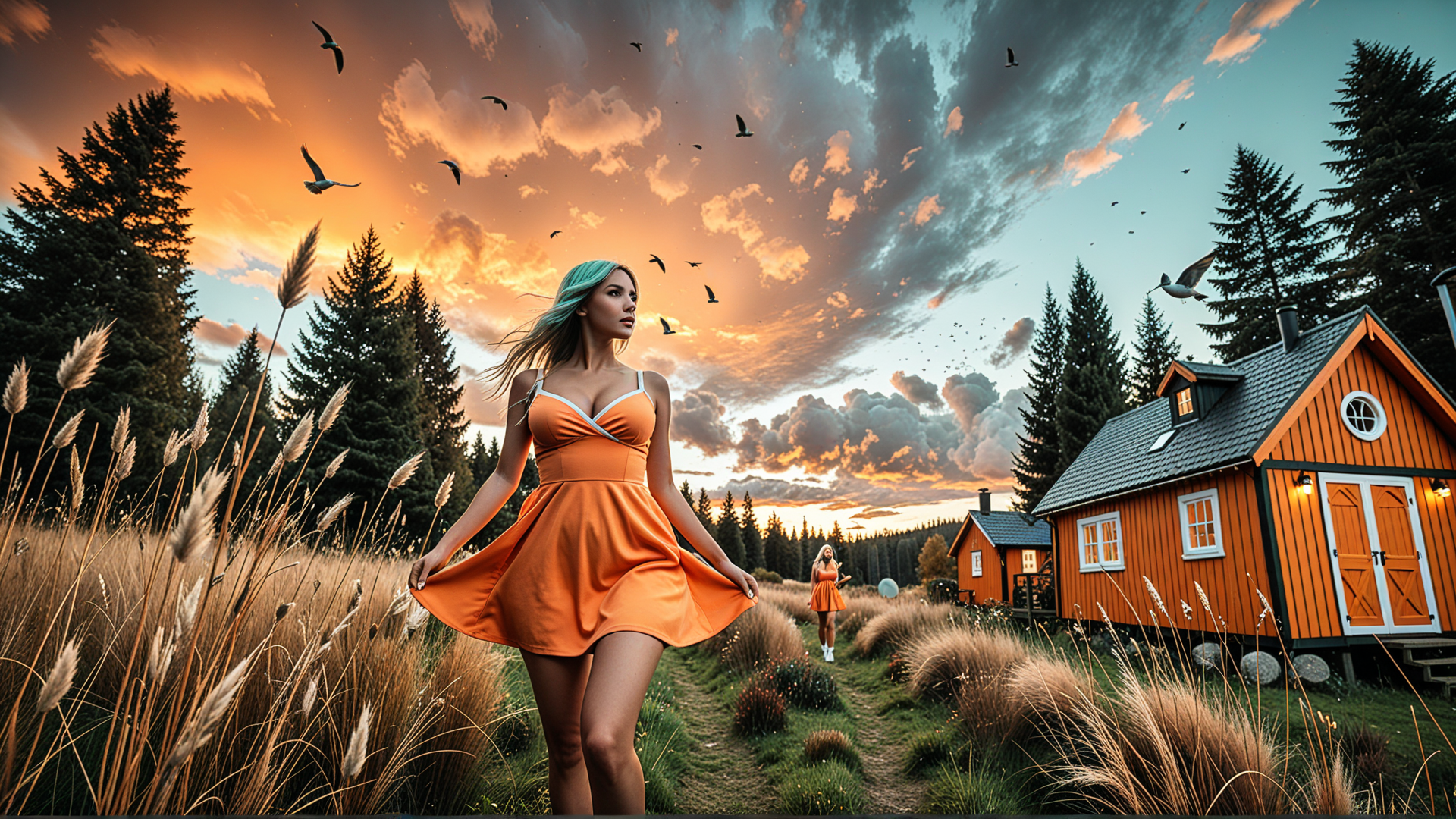 AI generated wallpaper featuring woman, house, trees, grass, birds, sky, path