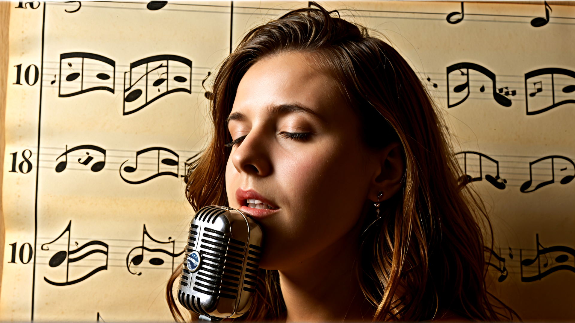 AI generated wallpaper featuring woman, microphone, music sheet
