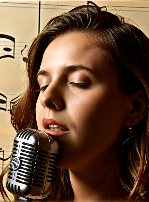 woman, microphone, music sheet