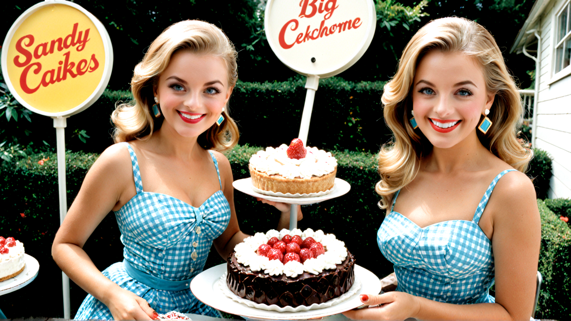 AI generated wallpaper featuring women, cakes, signs, garden, dress, cherry, chocolate, bakeries