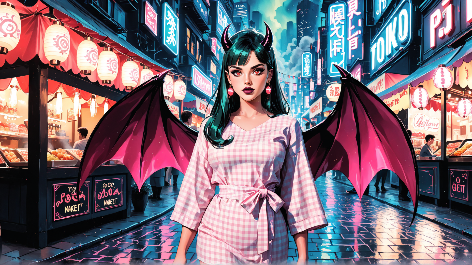 AI generated wallpaper featuring devil, woman, demon, demon wings, market, city, street, neon, lamps, toko