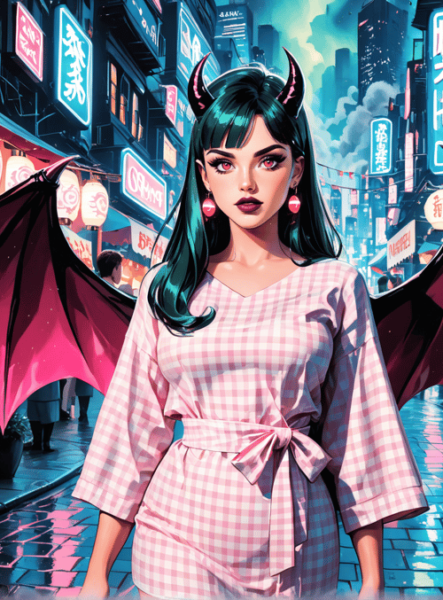 devil, woman, demon, demon wings, market, city, street, neon, lamps, toko